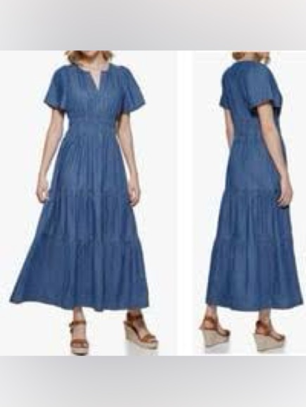 Tommy Hilfiger Women's Short Sleeve Ruched Waist Denim Tiered Maxi Dress